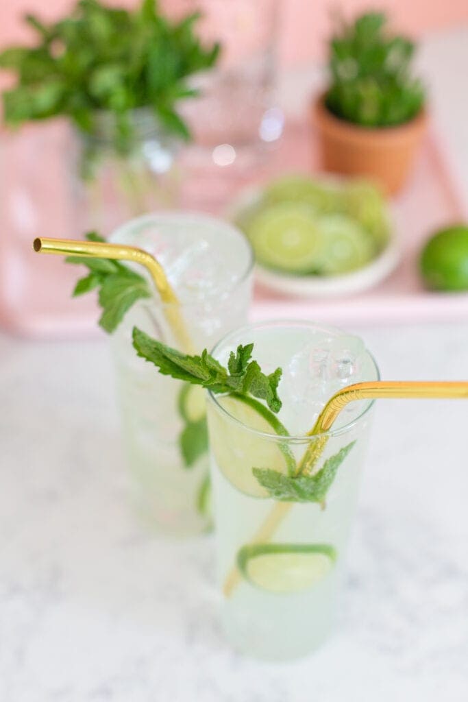 mojito mocktail and cocktail sitting on counter