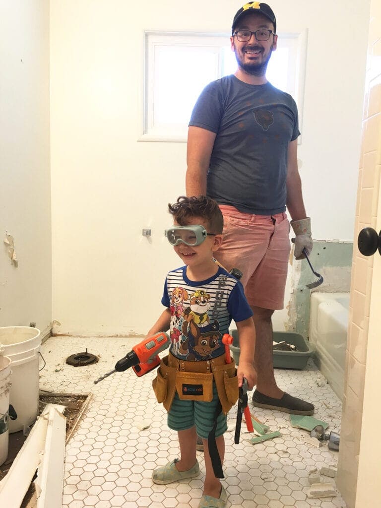 Dad and son bathroom demolition