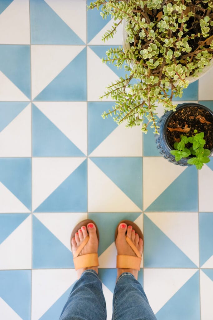 tile patio with plants
