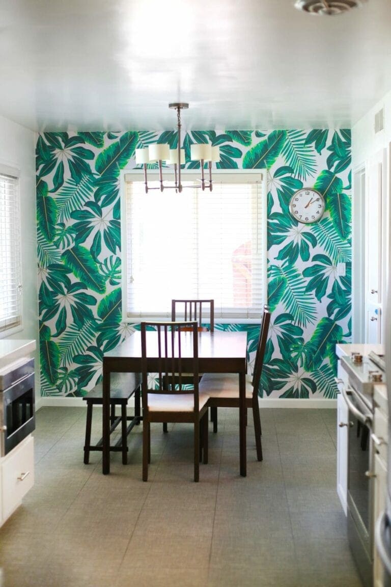 Tropical Leaves Wallpaper Accent Wall in a Kitchen
